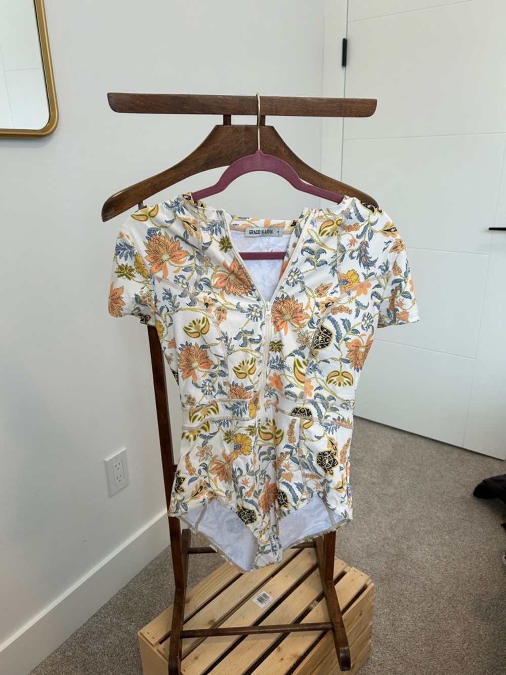 Grace Karin Floral Zip Romper swimsuit in Cream, Mustard & Blue